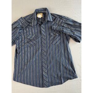 Wrangler Western Shirt Mens XL Blue Striped Short Sleeve Pearl Snap Front Cowboy